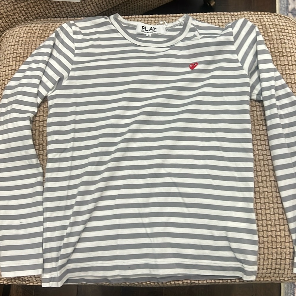 Comme des Garcons PLAY Gray and White Striped Long Sleeve Tee